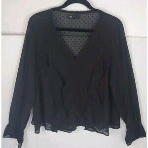 Zara TRF  Black Dotted Ruffled‎ Long Sleeve Boho Chic Sheer Blouse Top Size W M